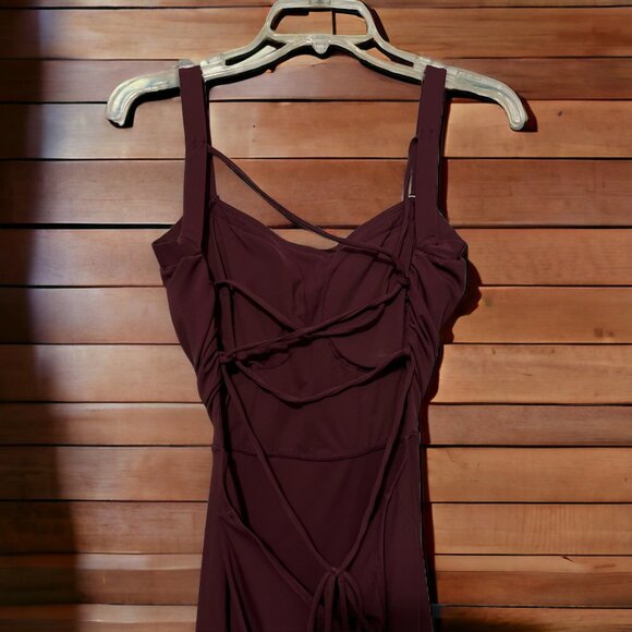 Halara Ruched Backless Crisscross Midi Dress Sz Small Womens Burgundy Lace Up Sp - Picture 6 of 7
